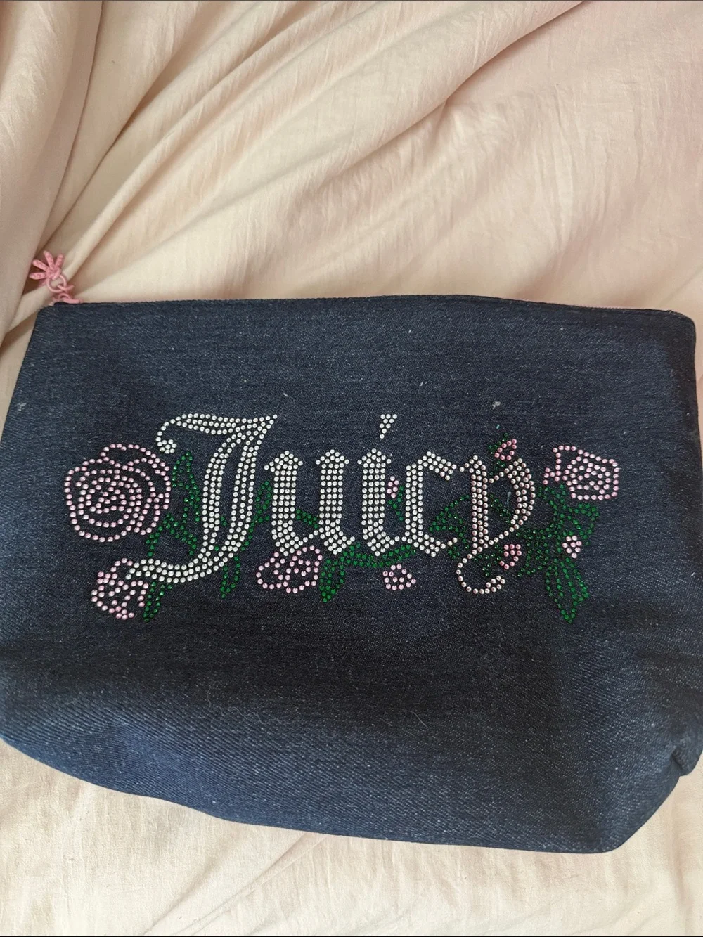 Juicy Couture Black Denim Cosmetic Pouch with Pink & Green Rhinestone Logo